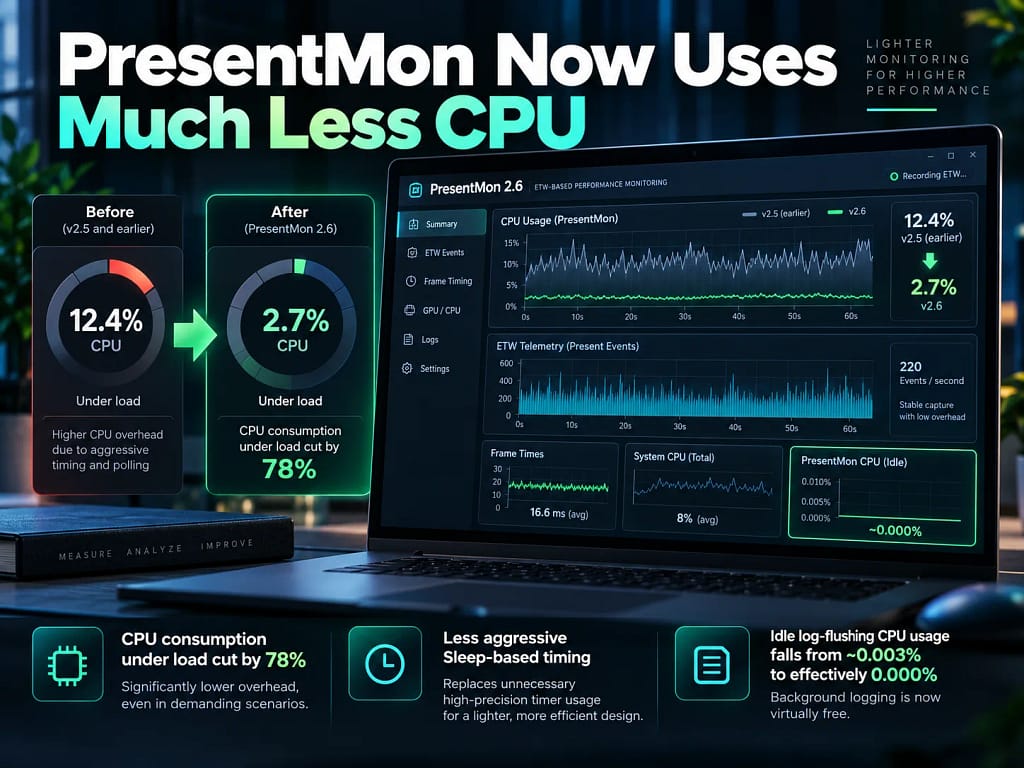 Intel: PresentMon 2.6.0 reduce 78% el uso de CPU y llega soporte para flujos de rendimiento más eficientes